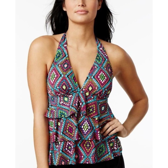 NWT Swim Solutions Multi Geometric Tier Halter Tankini Swimsuit Top 8 NWT $67 - Picture 1 of 2